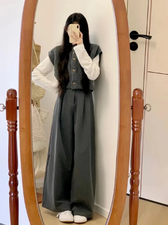2025早秋新款套装女灰色马甲T恤百搭阔腿裤三件套高级感小个子