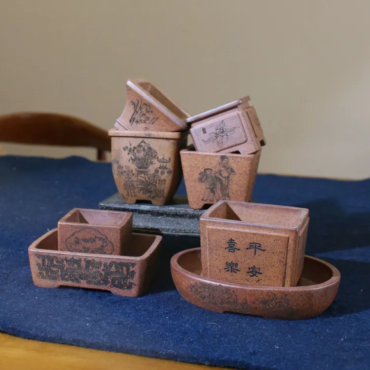 紫砂花盆柴烧椭圆形长方形正方形手工盆景盆仿古微型盆掌上盆栽