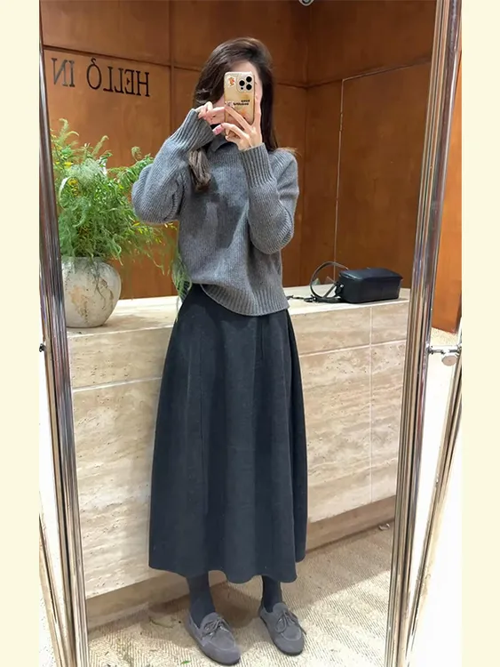 冬天穿搭韩式慵懒chic小香风气质灰色针织衫毛衣半身裙保暖套装女