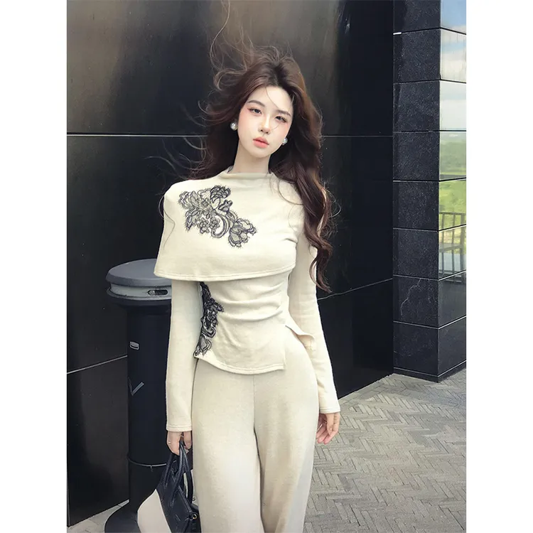 MARIE.COCO温柔风气质刺绣蕾丝长袖上衣女秋季新款阔腿休闲裤套装