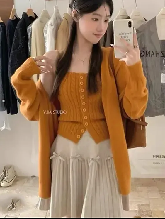 原版秋季韩系慵懒麻花排扣吊带背心针织开衫两件套装毛衣外套百搭