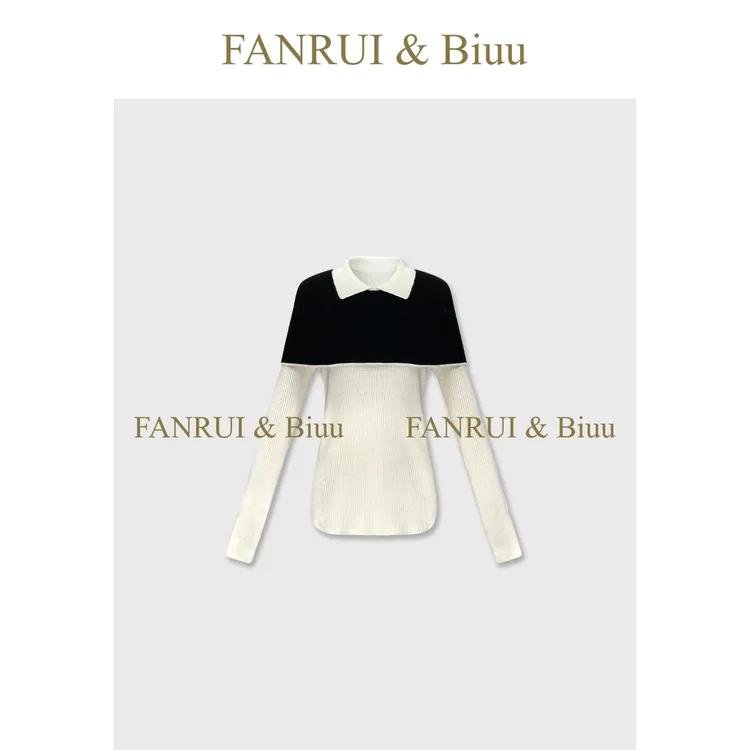 FANRUI/泛芮「奢感撞色」羊毛双色拼接立领时髦洋气针织上衣B19461