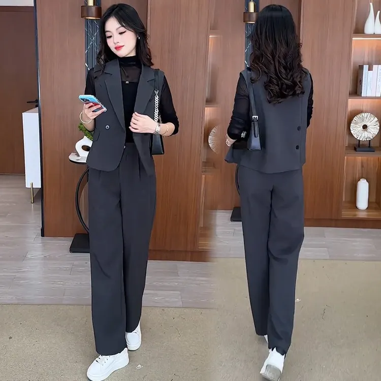 爆款时尚套装女2025春装穿搭长袖上衣穿搭马甲阔腿西装裤子三件套