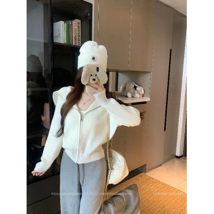 复古灰色拉链连帽长袖毛衣外套女秋季宽松针织开衫慵懒风百搭上衣