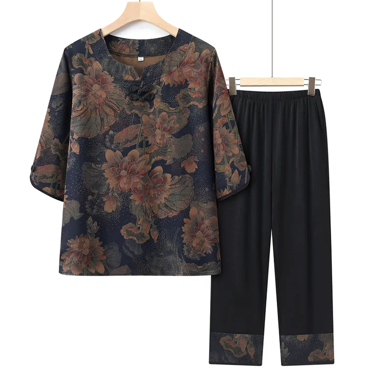 中老年人女装夏装新款奶奶装套装妈妈夏季七分袖衣服老太太两件套