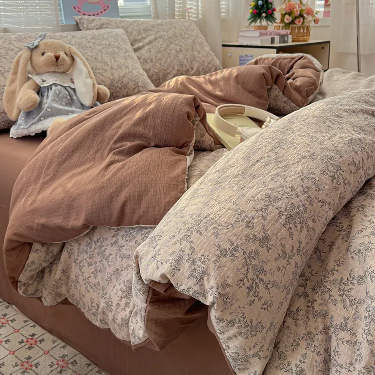 四季通用超柔印花水洗双层纱四件套少女心卡通被套学生宿舍三件套