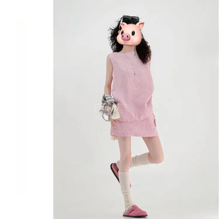 休闲亚麻正反两穿无袖背心套装    80612