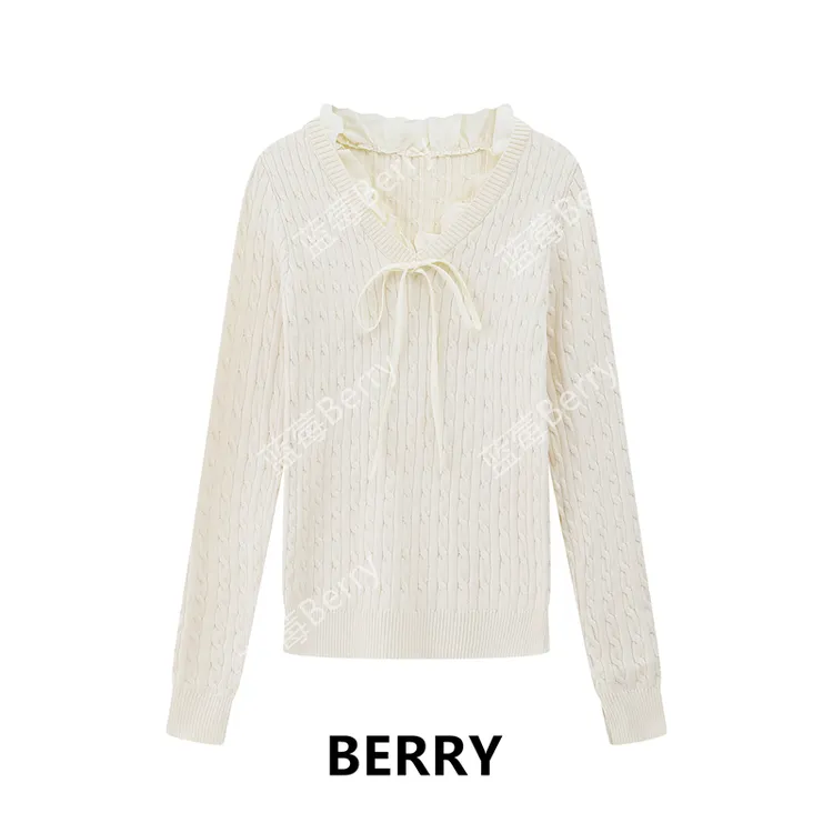  【蓝莓Berry】秋季气质拼接撞色蝴蝶结设计感毛衣女针织衫上衣