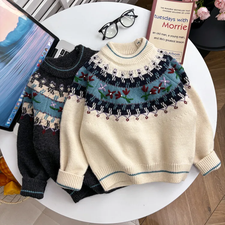 女童套头毛衣秋冬新款民族风撞色提花高级感宽松复古费尔岛针织衫