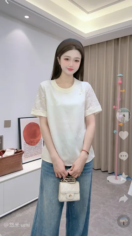 【珠翠】2025新款新中式国风上衣夏季蕾丝刺绣百搭短袖T恤提花透气