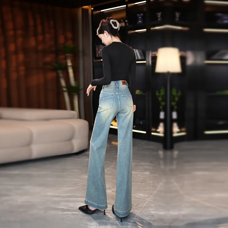 2025秋冬新款高腰微喇阔腿裤女款筒微喇百搭显高显瘦高级感蓝色