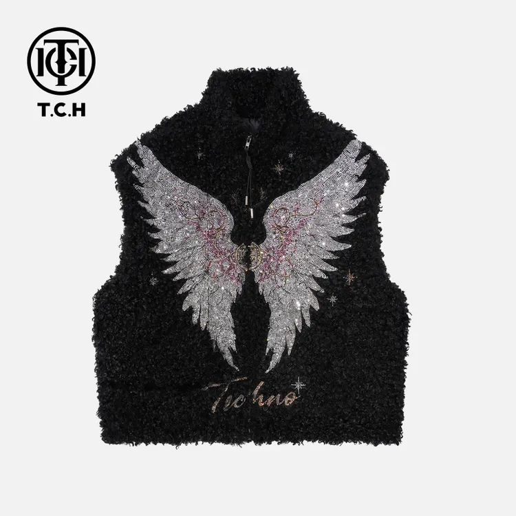 TCH-时尚潮牌翅膀星星烫钻黑色毛毛马甲女装T701E5000