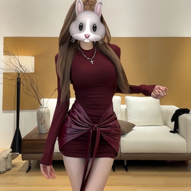 【长袖版】新款连衣裙性感褶皱系带圆领长袖包臀绑带短裙