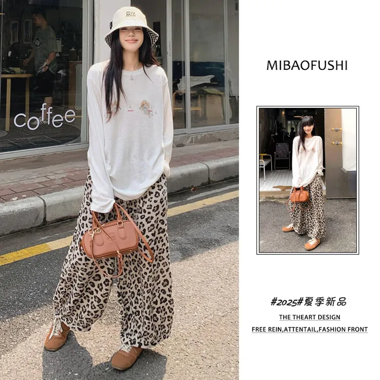 夏季穿搭一整套2025新款韩系慵懒薄款上衣豹纹灯笼裤两件套