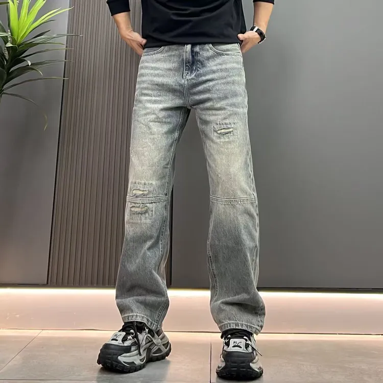 春秋膝盖拼接假破铜个性时尚潮流痞帅街头高街男女直筒牛仔裤裤子