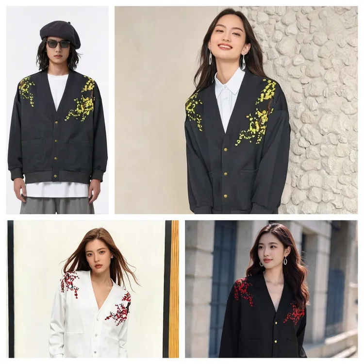 2025入秋冬必备新款梅花刺绣男女同款时尚开衫