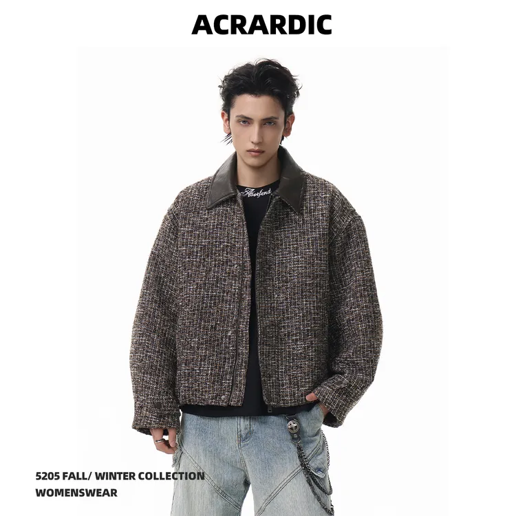 ACRARDIC秋季潮牌美式呢料短款夹克男复古老钱风vibe休闲翻领上衣