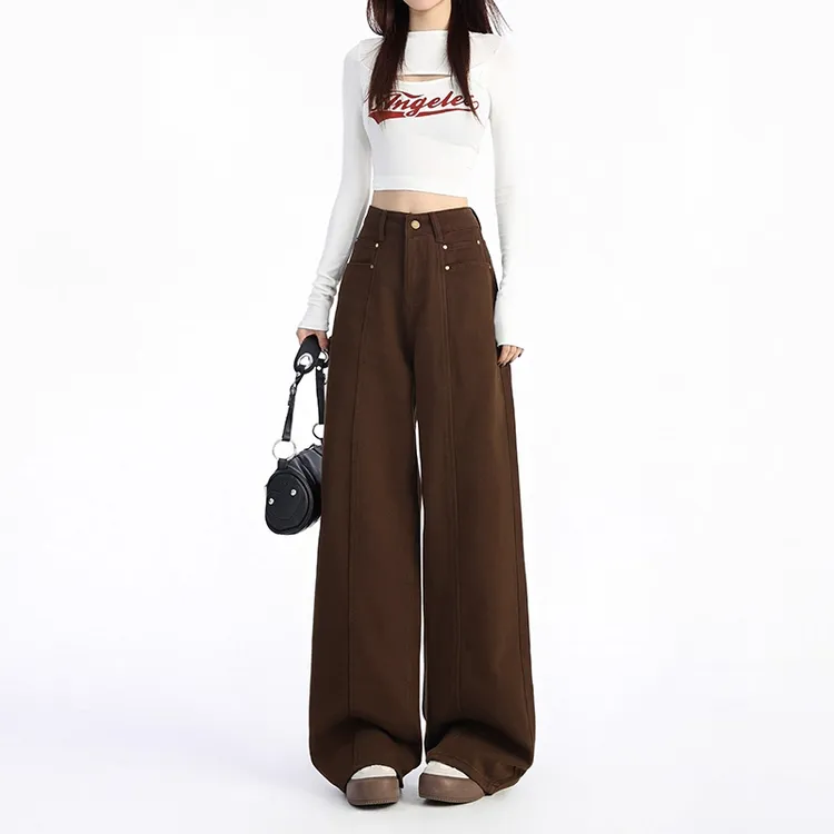 拉夏贝尔美拉德咖色裤子女春秋2025新款宽松高腰直筒牛仔阔腿裤子