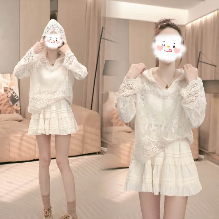 2025春季连帽拼接百搭钩花蕾丝衫女上衣+高腰百搭荷叶边半身裙