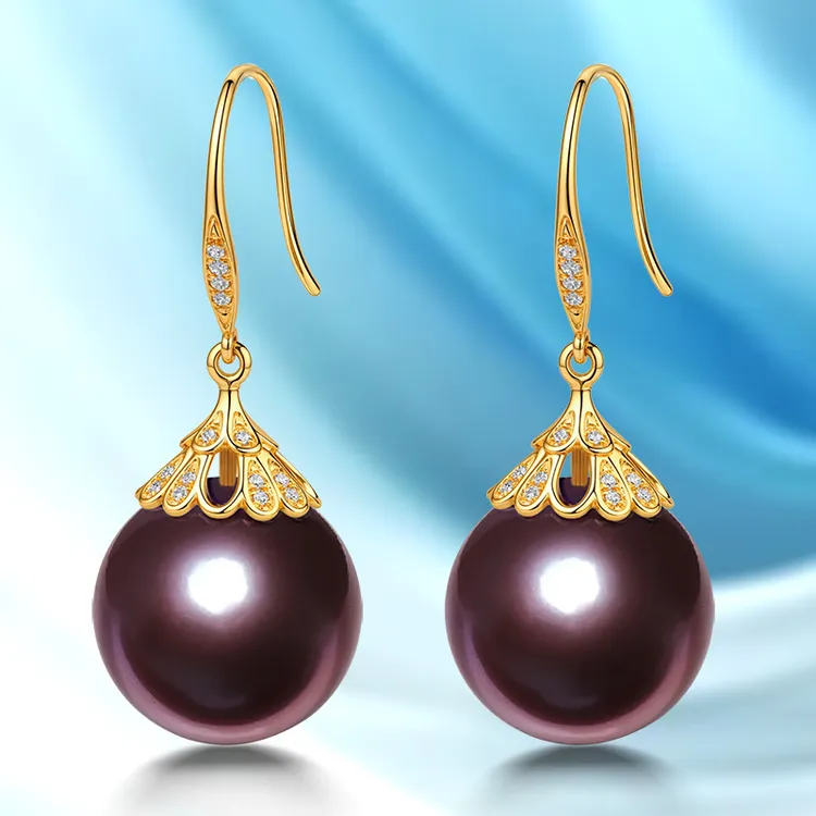 稀少紫珍珠耳环甜美风女18K金天然钻石宫廷耳钩气质耳勾珠宝耳坠