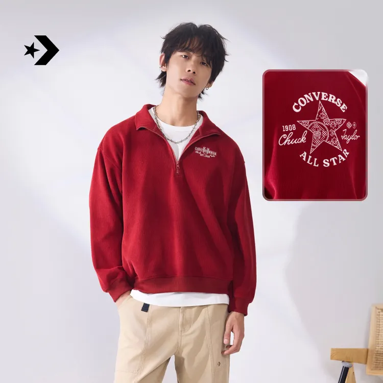 【马年起飞系列】匡威新品新年半拉链男女刺绣高领毛衣红色 UCJ392