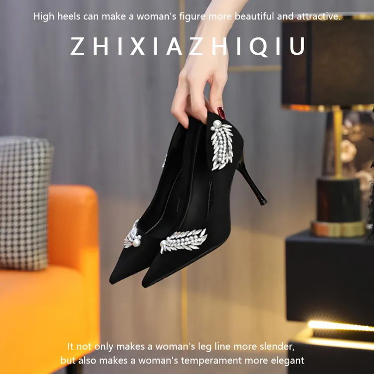 黑色高跟鞋女细跟2025新款春季羊皮法式气质晚礼服水钻单鞋不累脚