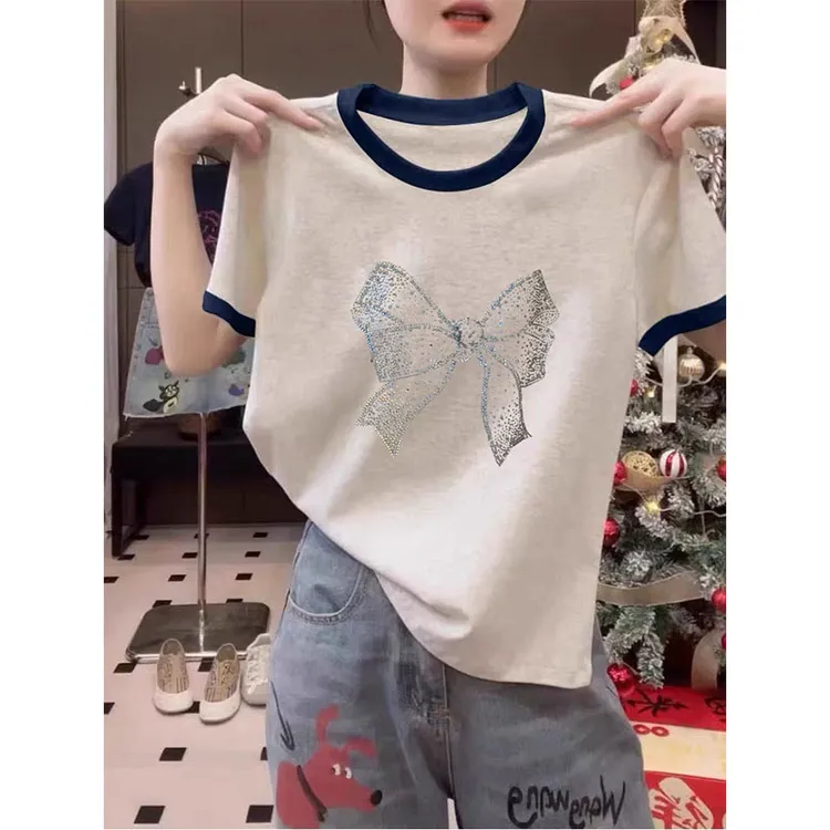 2025新款正肩撞色圆领短袖t恤女上衣时尚百搭洋气休闲打底衫夏季