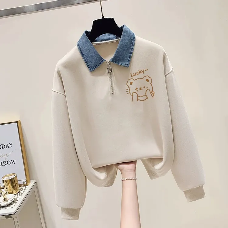 女大童卫衣春秋2025新款洋气牛仔领polo衫初中生秋冬加绒加厚上衣
