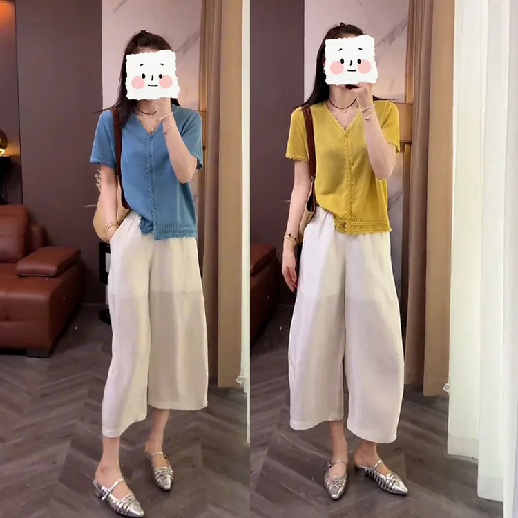 夏季小个子2025穿搭一整套2025新款法式V上衣休闲阔腿裤两件套女