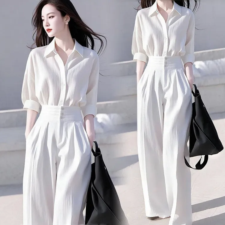 高级感老钱风穿搭女2025春夏新款简约气质中袖衬衫阔腿裤两件套装