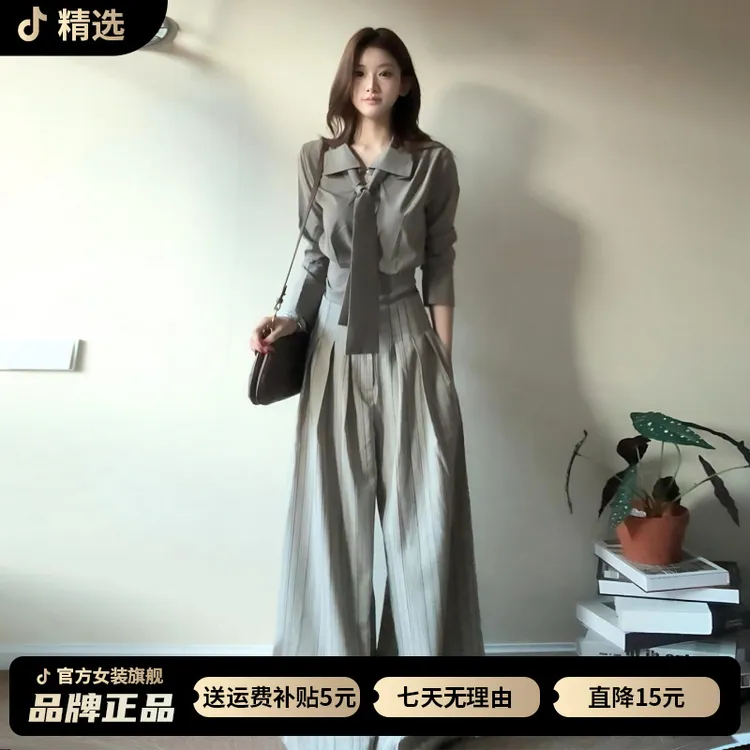 长袖衬衫女2026新款韩系通勤穿搭套装气质收腰衬衣设计感系带上衣