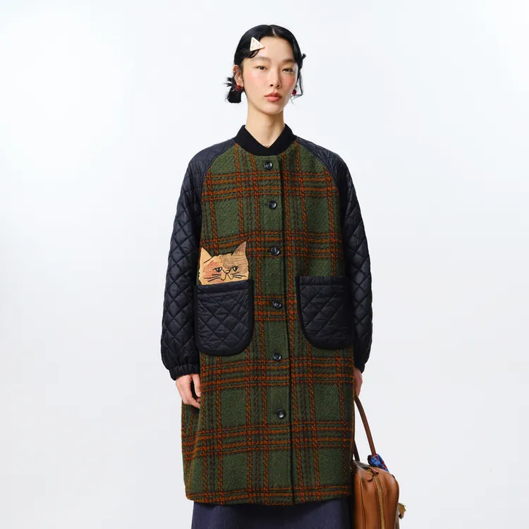 MOVEUP幻走2025新款.FUN 猫脸绣花拼接长款毛呢外套女3EWQ60769