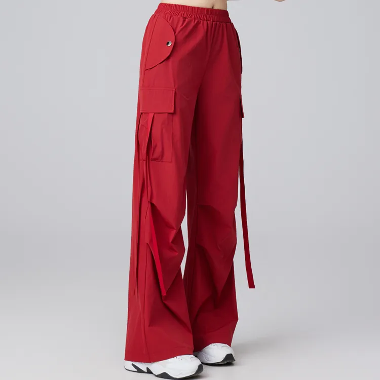 美式高腰飘带工装裤女2025夏季新款广场舞宽松运动健身阔腿直筒裤