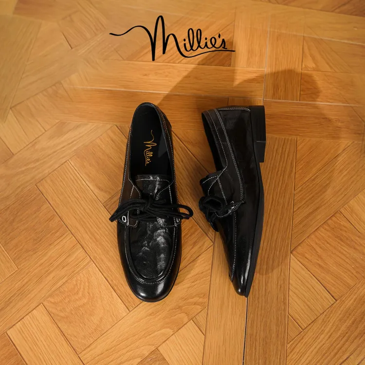 妙丽真皮系带黑色乐福鞋女款2025秋季新款粗跟英伦风一脚蹬豆豆鞋