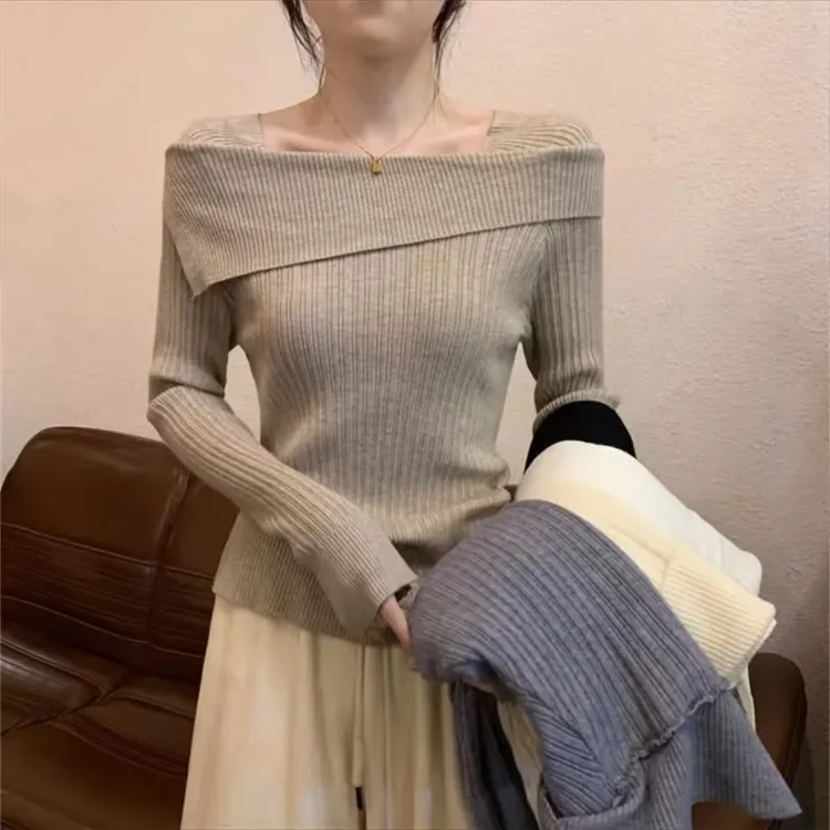 一字领纯欲一字肩针织打底衫女秋季新款不规则内搭毛衣法式正肩长