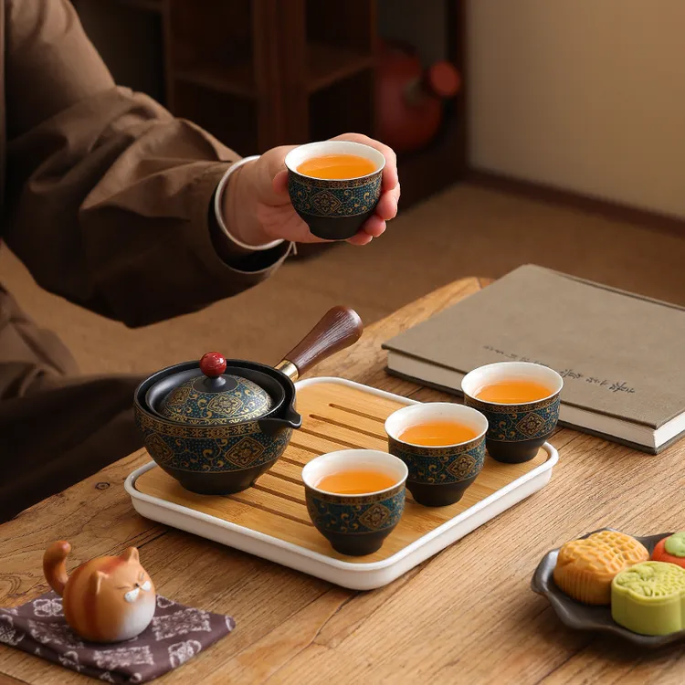 小康泡家用便携式旋转简约旅行茶具自动泡茶神器功夫茶具陶瓷中式