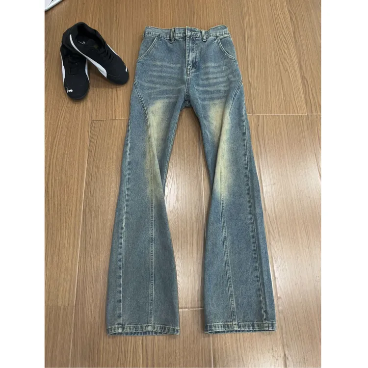 怀旧蓝斜切弯刀牛仔裤男女水洗设计感vibe裤子美式高街直筒微喇裤