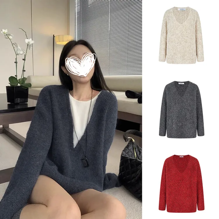 Moses Queen/魔西女王韩版深V低领针织毛衣秋冬宽松显瘦上衣女
