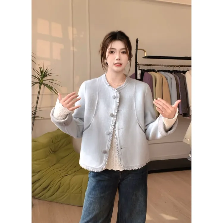 2025新款双面呢双拼色小香风短款时尚韩版外套2509