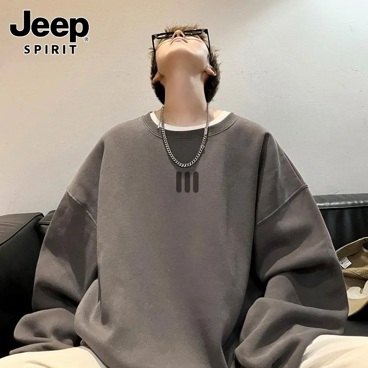 JEEPSPIRIT吉普重磅棉圆领厚棉冬季潮牌打底衫宽松情侣款外套潮流