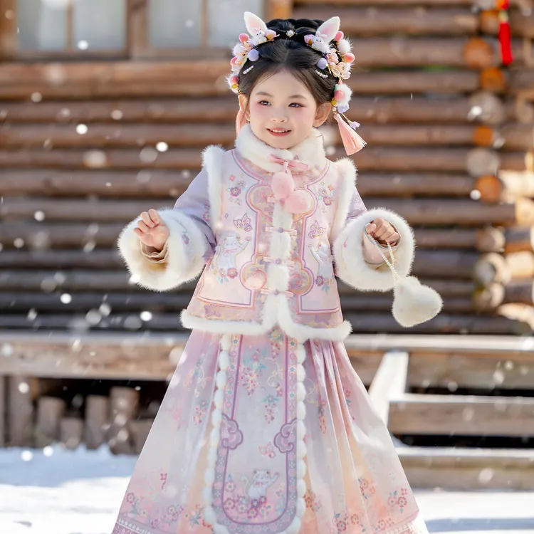 【芙芙喵】汉服女童冬装25年紫色中国风套装女孩古装儿童拜年服