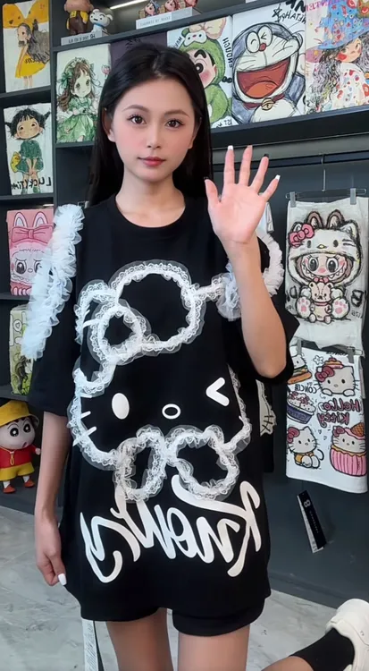 （8645）y2025夏新款蕾丝露肩t恤女印花短袖上衣宽松显瘦百搭时尚