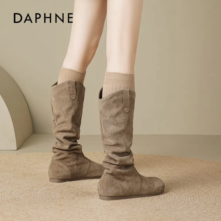 达芙妮V口堆堆长筒靴女2025新款秋冬美拉德勃肯靴西部牛仔骑士靴
