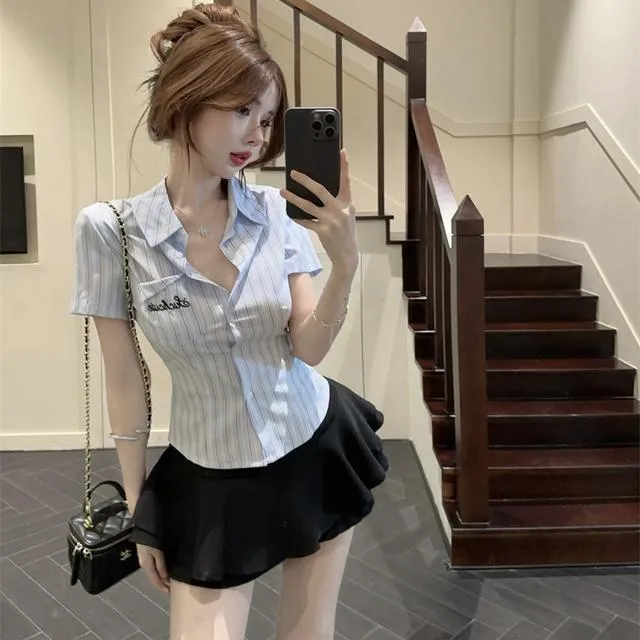 JK学院风美式别致纯欲气质条纹衬衫刺绣设计衬衣高腰半身裙套装