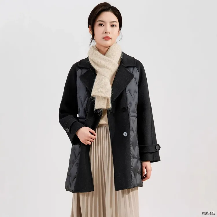 25冬新款白鸭绒与羊毛皮草拼接纯色中长款毛呢羽绒服外套加厚