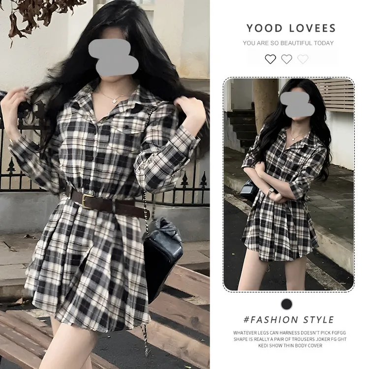 法式复古收腰格纹长袖衬衫连衣裙女2025春秋新款小个子高级感短裙
