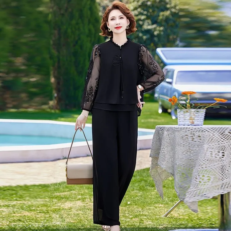 妈妈夏装2025新款套装高贵夫人品牌上衣中老年女装夏季雪纺两件套