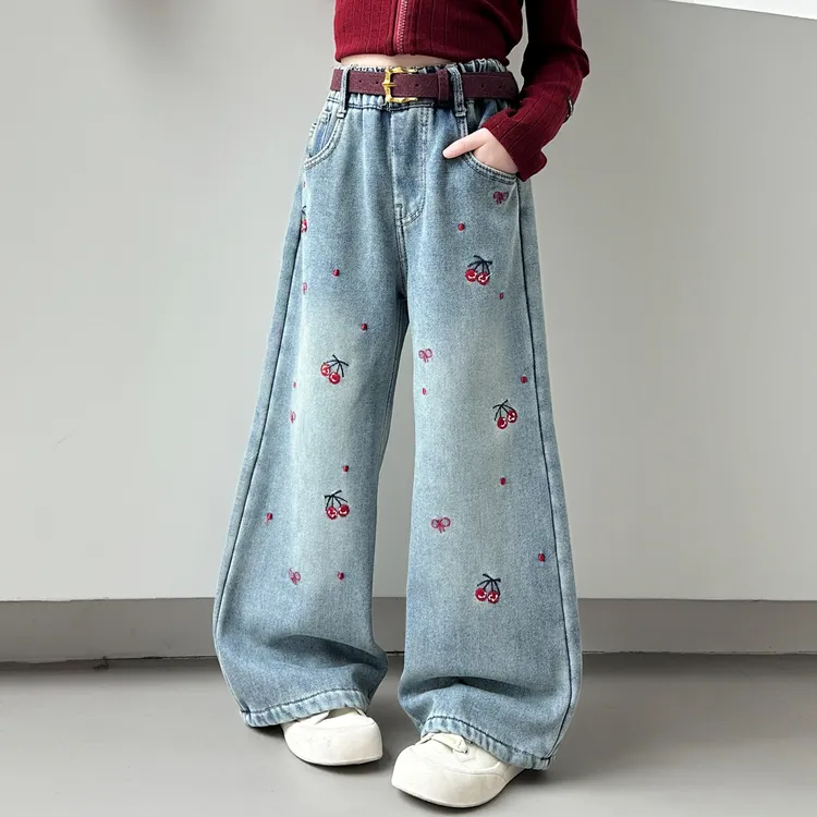 女童加绒牛仔裤秋冬爆款新款女童装6-12岁儿童潮款宽松直筒阔腿裤