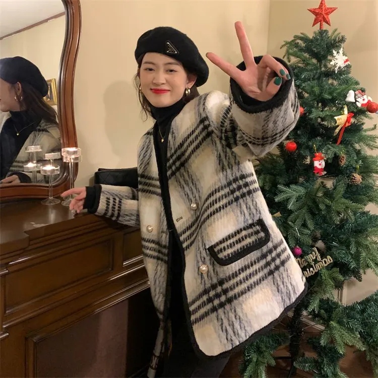 胖mm特大码300斤小香风毛呢格子外套女冬季宽松气质加厚夹棉大衣2