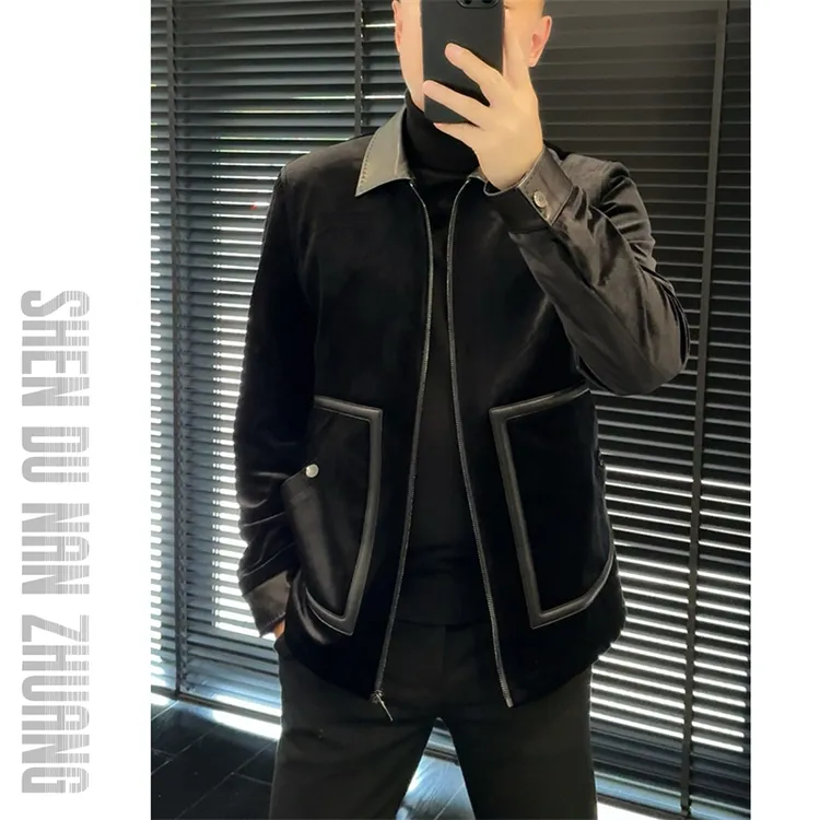 SHEN&DU男装｜高奢金丝绒拼绵羊皮翻领夹克外套88261